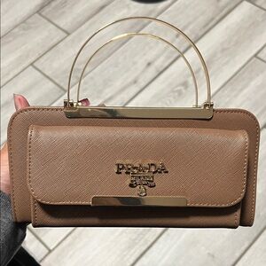 Prada Tan Clutch with Gold Accents